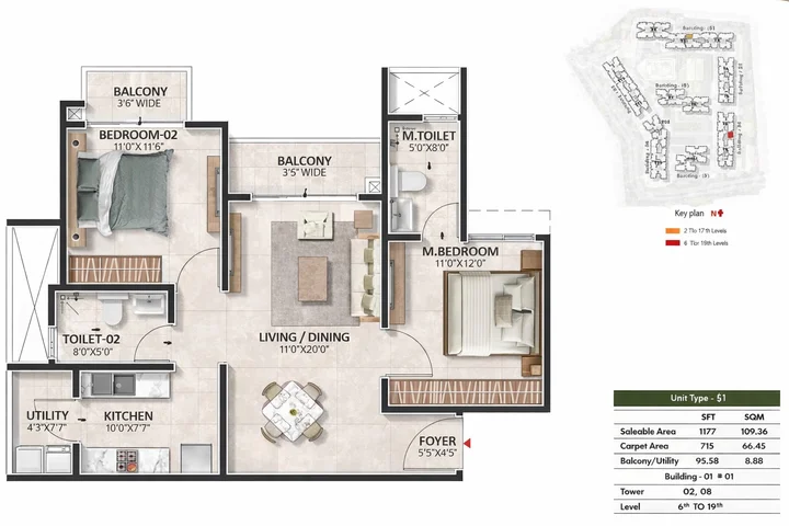 2BHK (1177 sqft) floor plan at Prestige Evergreen